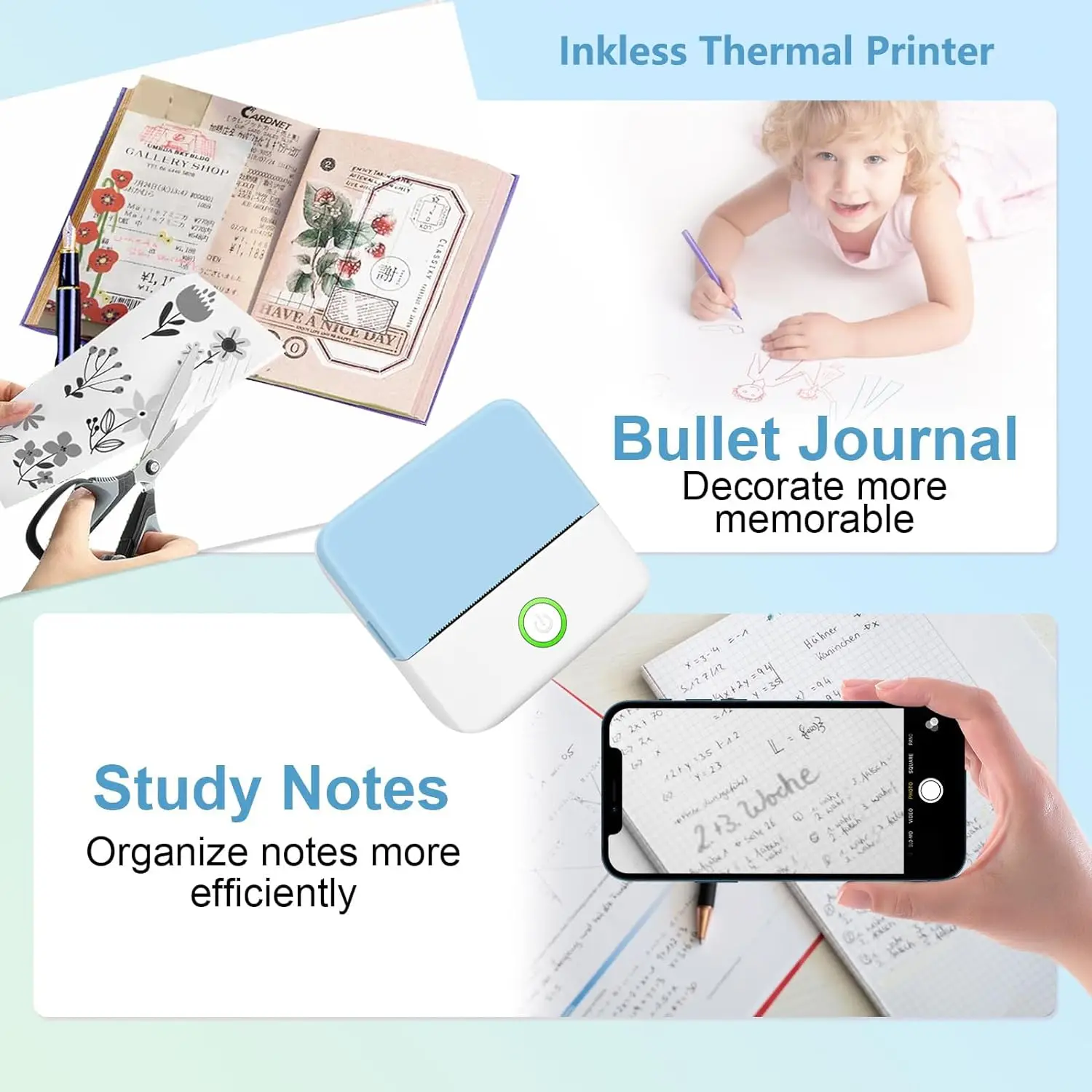 เครื่องพิมพ์พกพาขนาดเล็ก Inkless สติกเกอร์ Maker, ฟรีตัดเครื่องพิมพ์พกพาขนาดเล็ก, เครื่องพิมพ์ความร้อนแบบพกพาสําหรับ Photo Journal Notes Memo