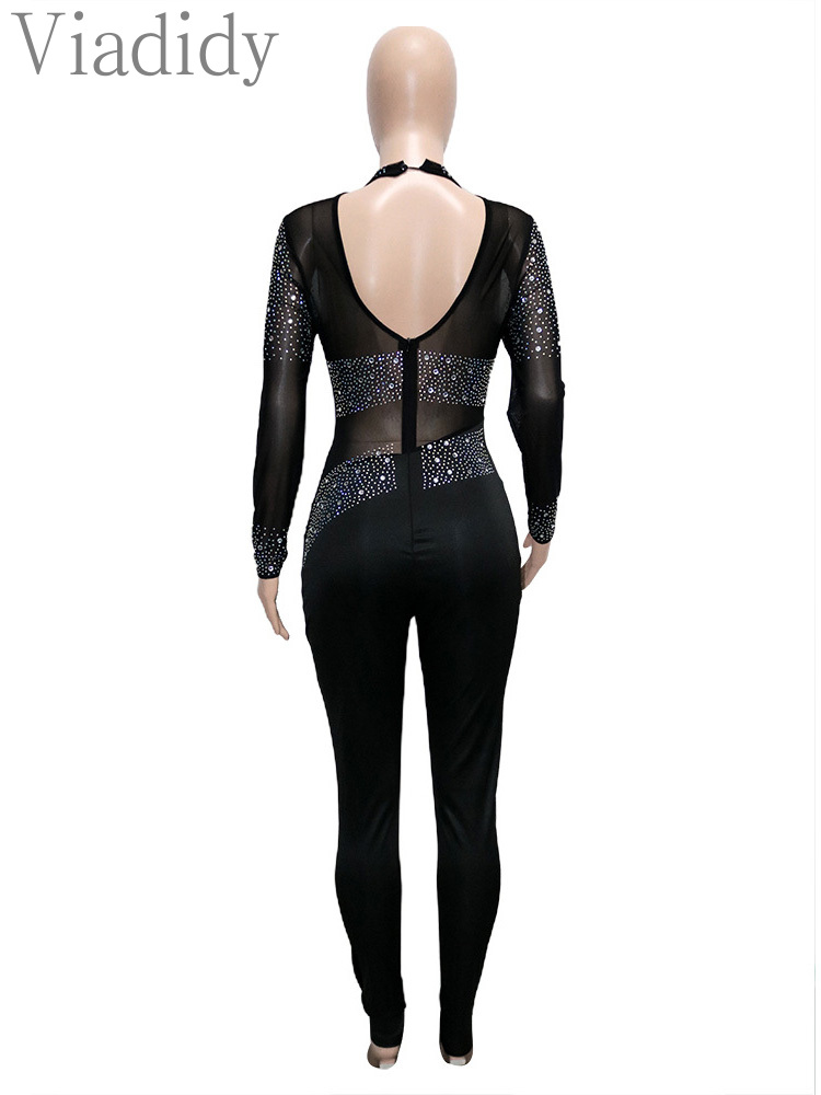 Frauen Sexy Sheer Mesh Patchwork Langarm Strass Dekor Backless Skinny Overall