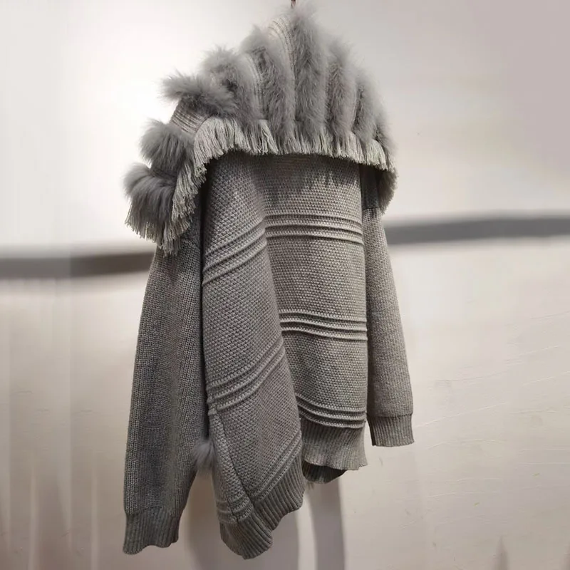 Frauen plus Größe echte Fuchs Pelz Strick mantel weibliche Langarm Winter mode echte lange Strickjacke Outwear echtes Fell