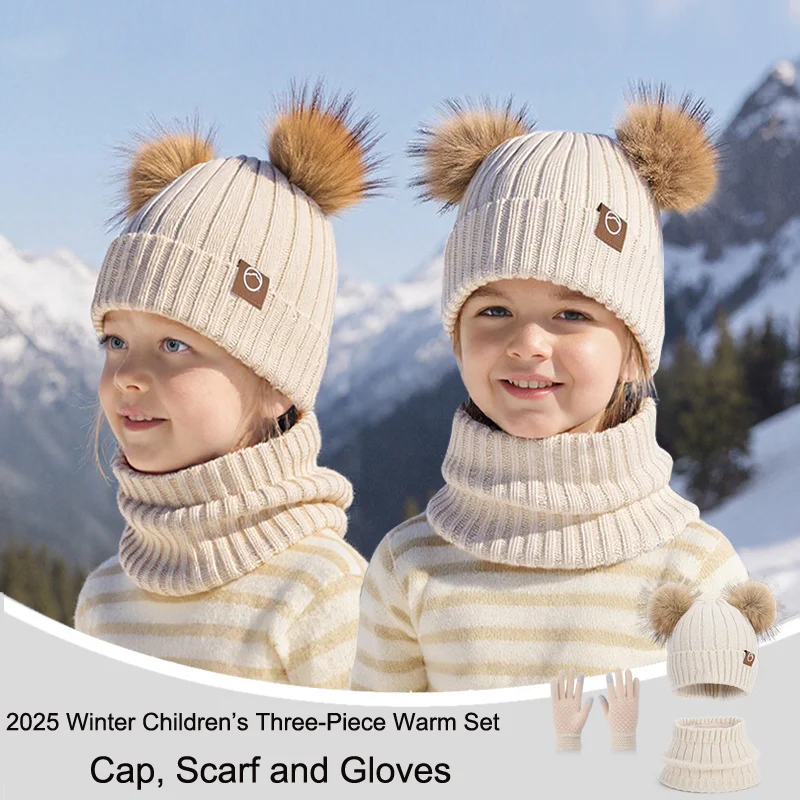 Dreiteiliges Set 2025, Winter-Kinder-Beanie-Mütze, Strick-Plüsch, dick, warm, Halstuch, Handschuhe, Set zum Spielen im Freien/Sport