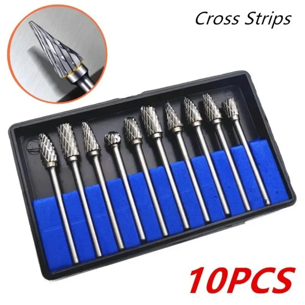 10PCS Carbide Burr Set Double Slot Rotary File Shank Grinder Rotary Tool For Metalworking Polishing Woodworking Grinding Carvin