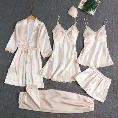 TXii Leepwear-Conjunto de pijamas de satén para mujer, Pyjamamas de encaje de retales Bril, ropa de dormir de boda, ropa de dormir de rayón para el hogar, camisón y bata, 5 uds.