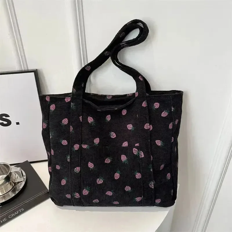 Bolsa de veludo morangos bolsa de praia elegante versátil bolsa de ombro grande capacidade simples commuter bolsa tote feminina bolsos
