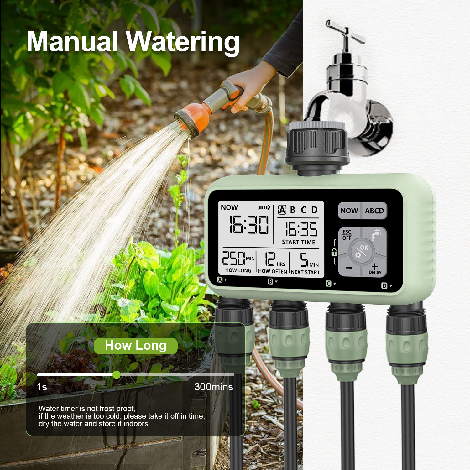 Reswat Timer per l'acqua a 4 uscite Irrigatori multifunzionali Adattamento multi calibro Installazione conveniente Attrezzi da giardino per giovani