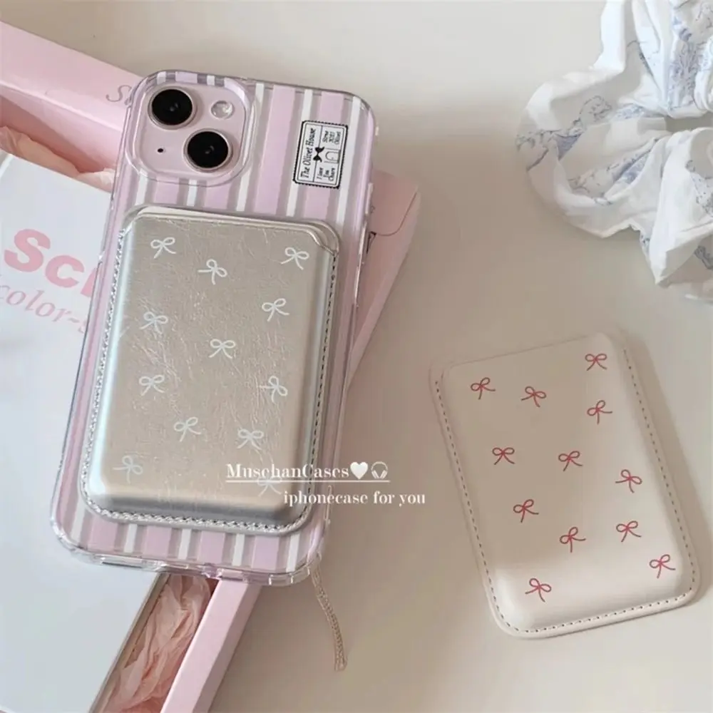 INS coreano lindo arco para Magsafe tarjeta magnética Clip funda de teléfono para iPhone 15 Pro Max cartera magnética tarjetero accesorios de teléfono