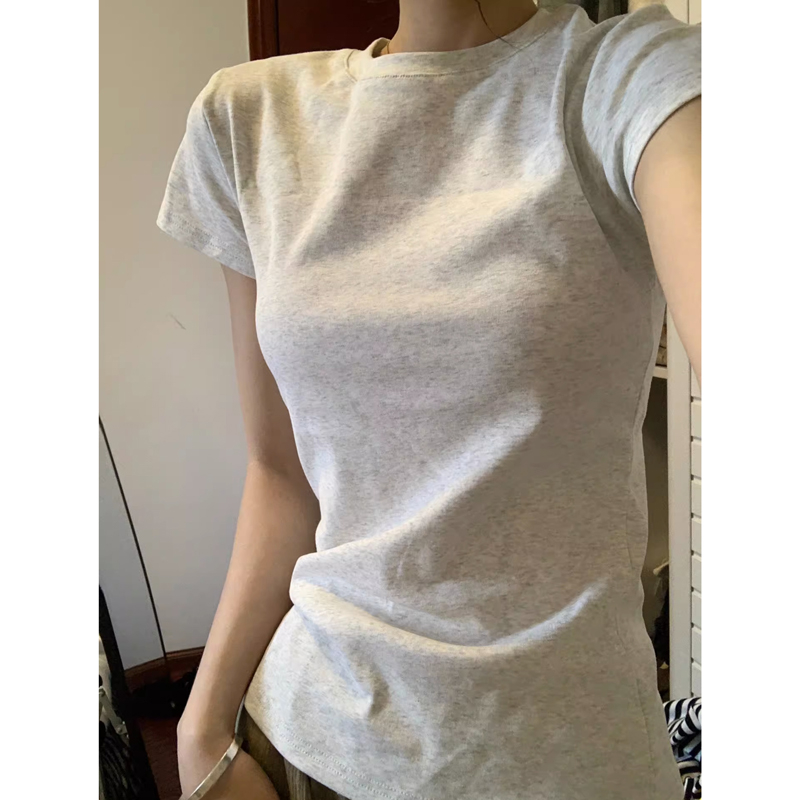 夏の新ベーシックソリッドカラー半袖 Tシャツ女性の通勤スタイルラウンドネックショート丈ピュアカラーコットンブレンドファイバー