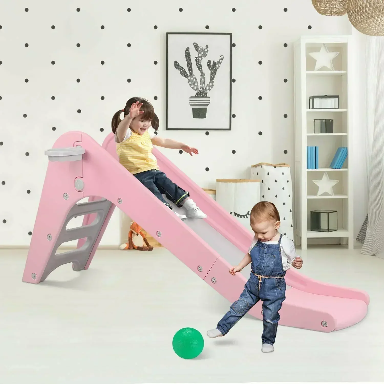 Slide In/Outdoor Children's Slide and Basketball Hoop Climber Playset for Kids Playgroun Freestanding Slide or Climbing Playset