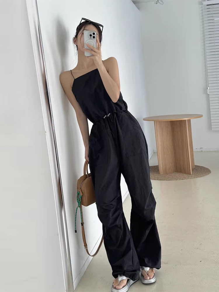 Chic Summer Sexy Backless Design Gathered Waist Slimming Strap One-Piece Pants Long Pants Women's Small Sexy Exposure Back