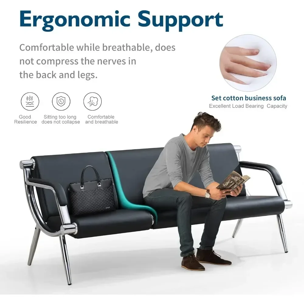 Waiting Room Bench with Fixed PU Leather Upholstered Armrests, Chair with Lumbar Support for Office, Library, Waiting Bench