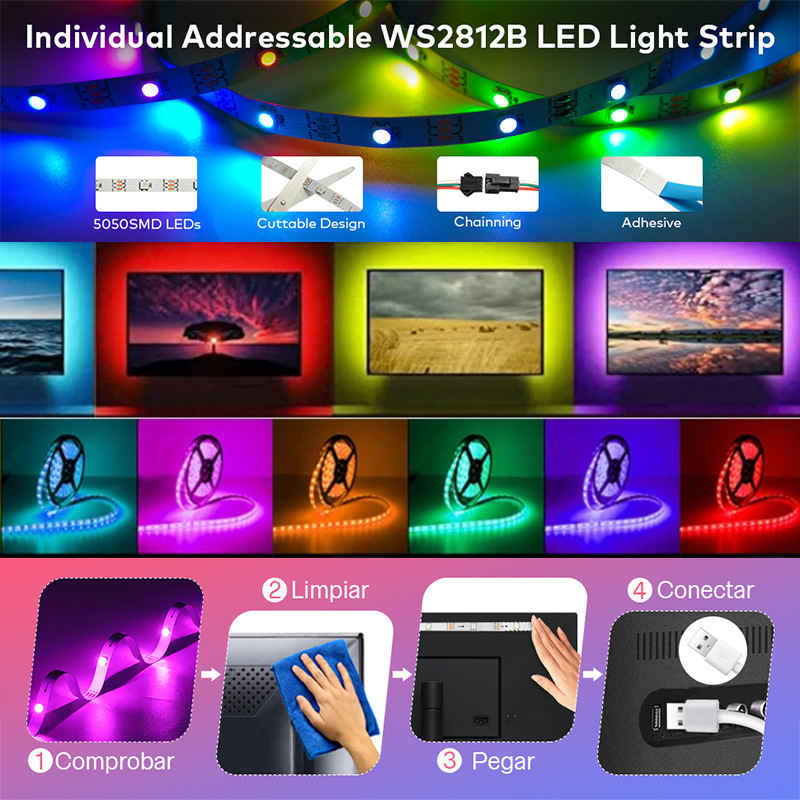 Bande lumineuse LED avec télécommande, ruban de lampe flexible, lumières RVB, rétroéclairage d'écran de bureau TV, bande de diodes, USB 2835, 10m