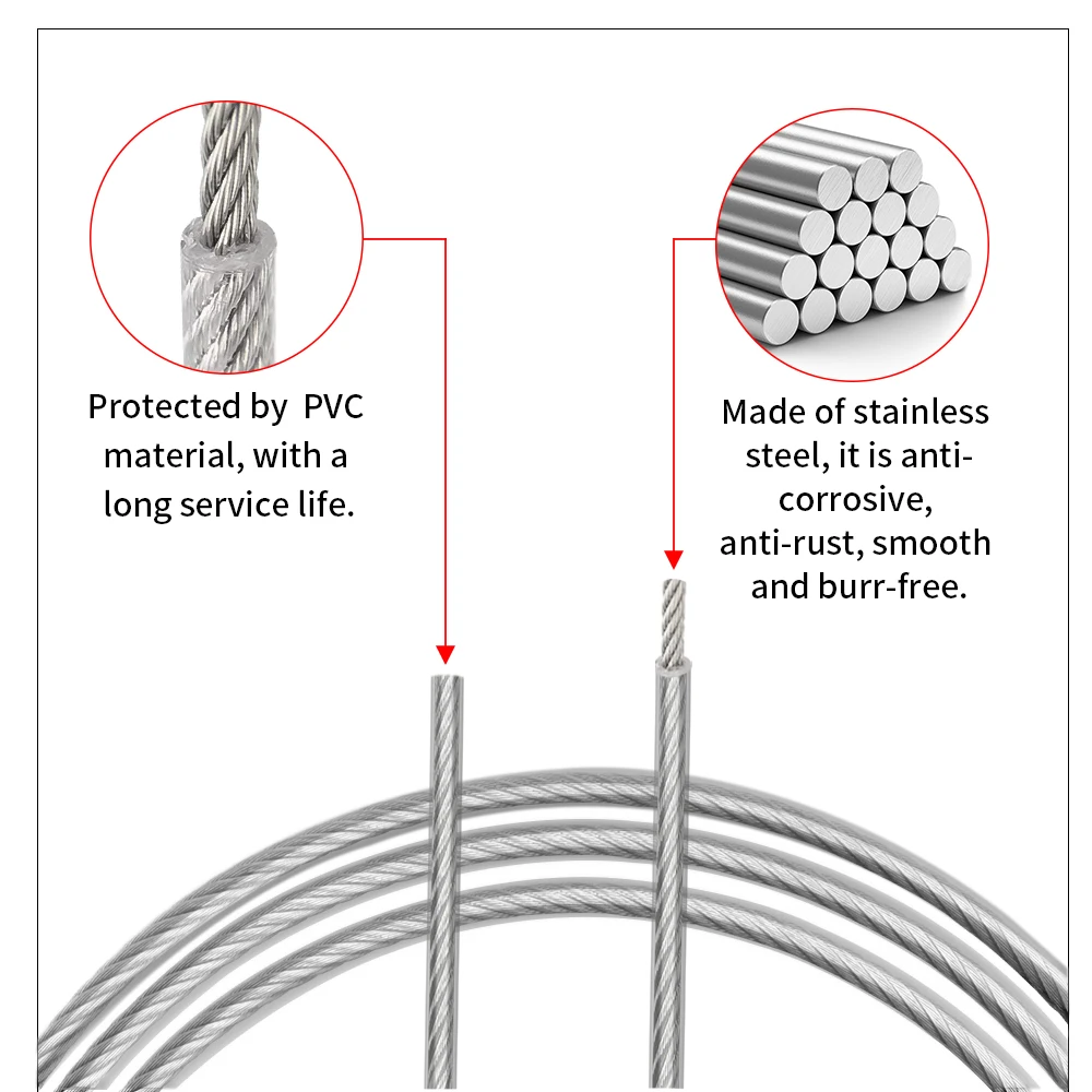 Cabo de aço inoxidável 304 com revestimento transparente de PVC, 5/10/20/50M, corda resistente para secar roupas, cabo de aço 7X7