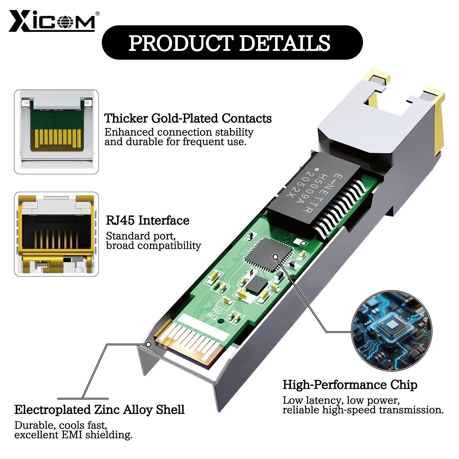 Xicom 10G SFP+ RJ45 Copper Transceiver SFP Module 80M RJ45 Port 10G/5G/2.5G Compatible with Cisco/Mikrotik Ethernet Fiber Switch
