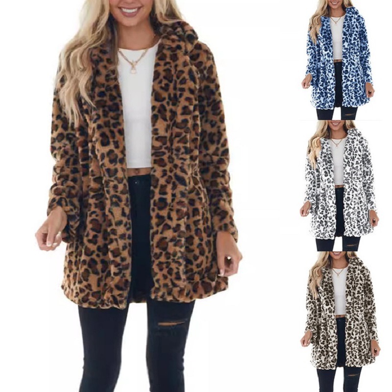 Frauen Winter Warme Faux Pelzmantel Mode Lässig drehen-unten Kragen Leopard Jacken Damen Streetwear Langarm Taschen Mäntel
