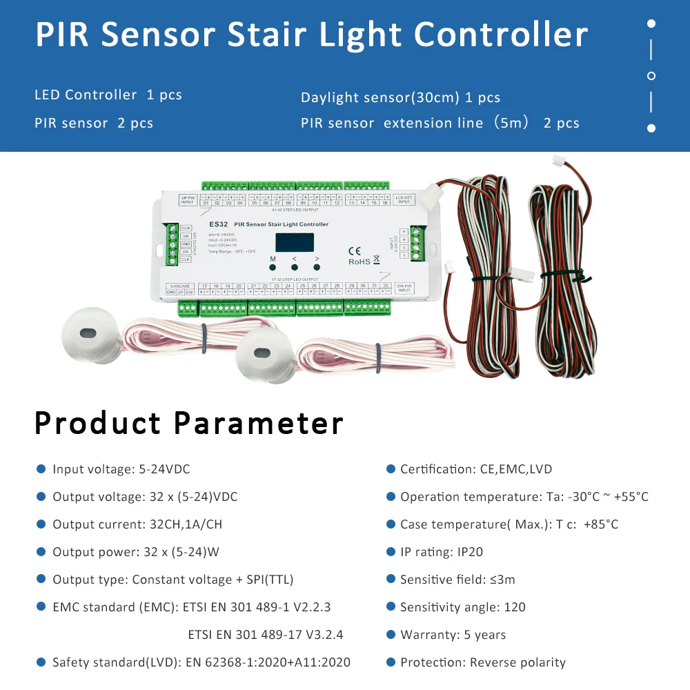 ES32 Controller luce scale con interruttore sensore induttivo a infrarossi PIR corpo umano Controllo illuminazione lampada notturna per scale a 32 gradini