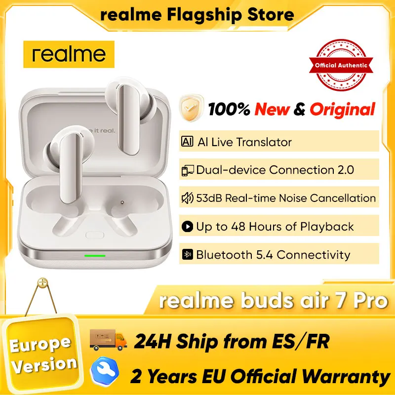 Globalna wersja realme Buds Air 7 Pro 53dB Aktywne Redukcja Szumów Prawdziwie Bezprzewodowe Słuchawki 48 Godzin Autonomii Bluetooth 5.4