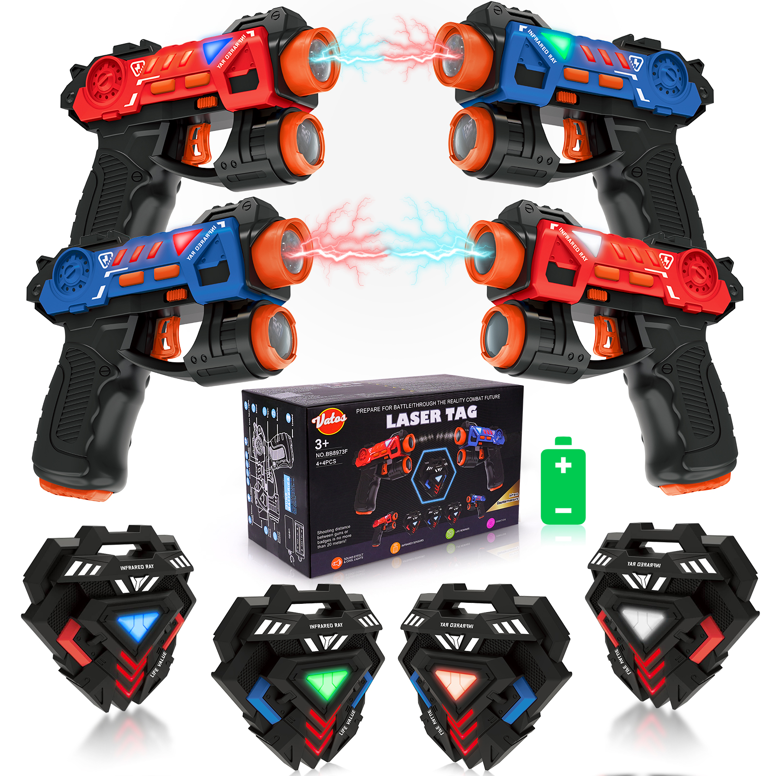 VATOS Laser-Tag-Pistolen-Set, 4-fach Infrarot-Mini-Laser-Tag-Blaster für Kinder mit Abzeichen, Indoor-Outdoor-Spielspielzeug für Jungen und Mädchen ab 4 Jahren