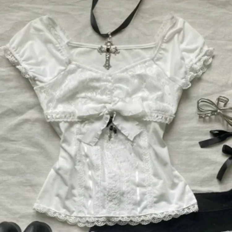 レース白スリムかわいいかわいい女性服 Tシャツスーツ原宿セクシーな甘い女の子日本グランジクロップトップ 90s ベビー Tシャツファム Y2k