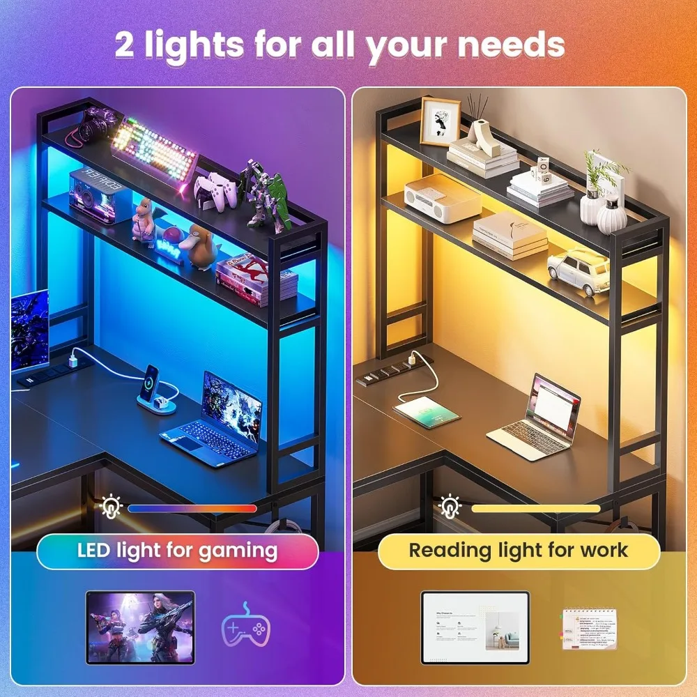 L Shaped Gaming Desk, Reversible 45.3” Small Corner Desk with Power Outlet and LED Lights, Corner Gaming Desk with Storage Shel