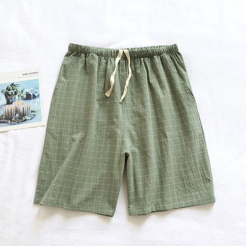 Calções masculinos de algodão, cor sólida, simples, soltos e respiráveis, calças de dormir para estudantes, cintura elástica, calças de pijama xadrez
