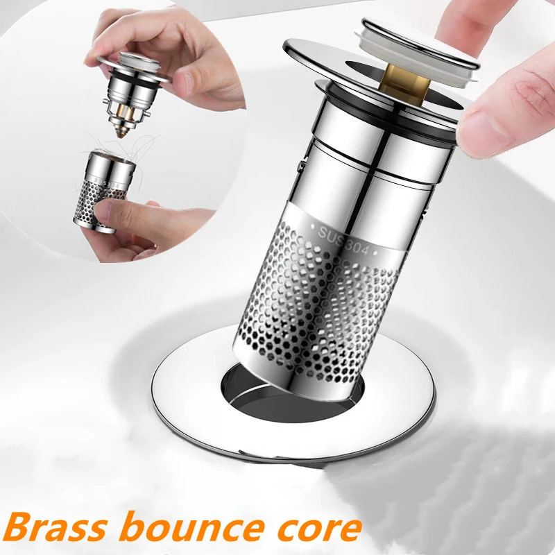 ท่อระบายน้ําชั้นสแตนเลสกรองอ่างล้างหน้ารั่วปลั๊กสแตนเลสกลิ่น Bouncing Core ท่อระบายน้ํา Hair Catcher อ่างล้างจาน Straine