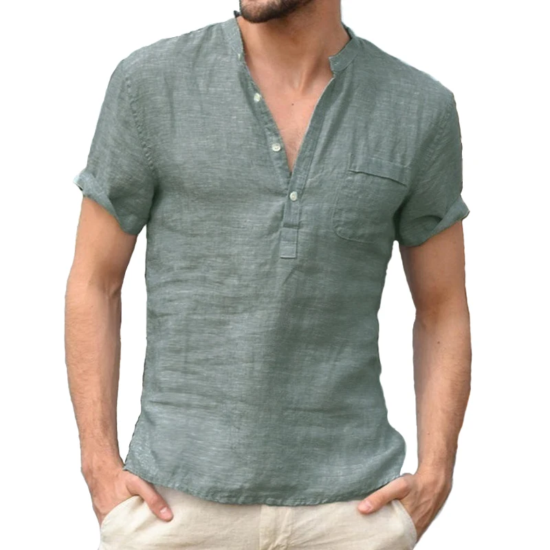 Novedad de verano, camisas informales de lino y algodón a la moda, camisetas transpirables de manga corta para hombre