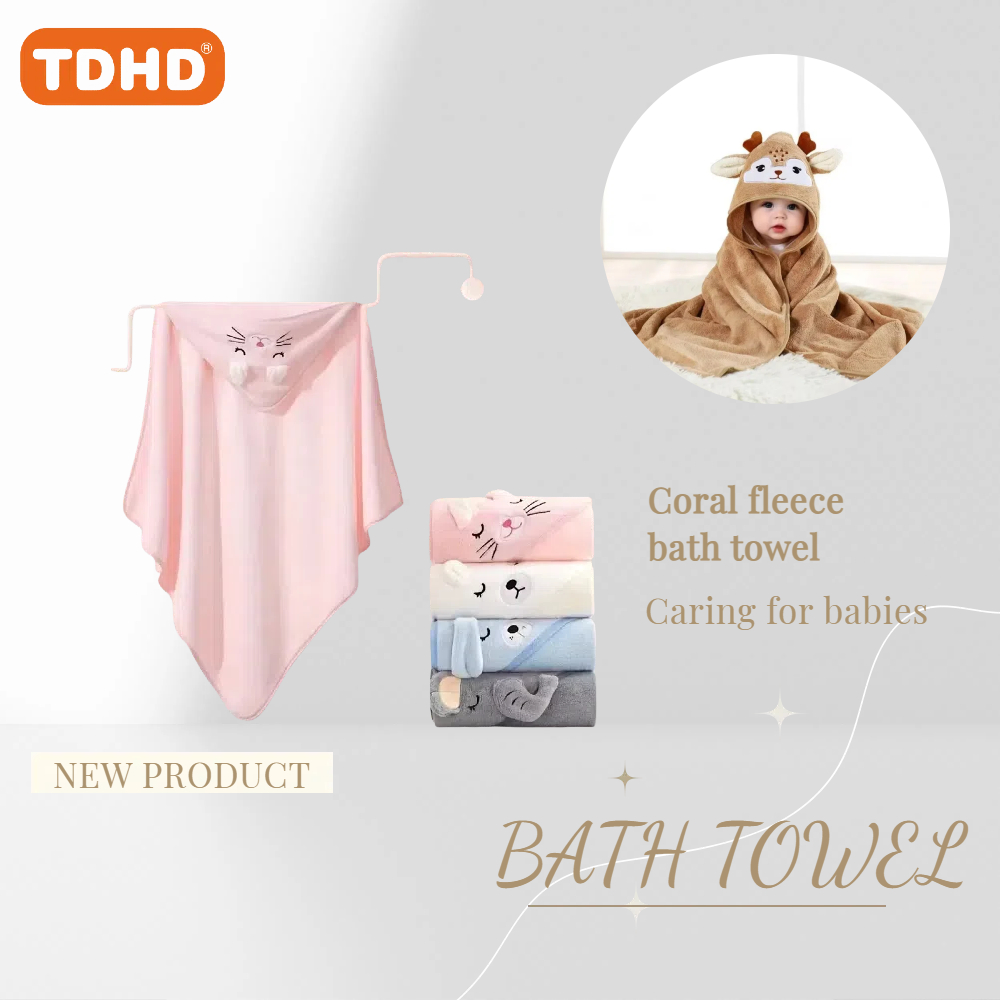 Tdhd toalha de banho para bebê, 1 peça, material de poliéster super absorvente, animal fofo, toalha de banho com capuz, suprimentos de banheiro, capa de praia