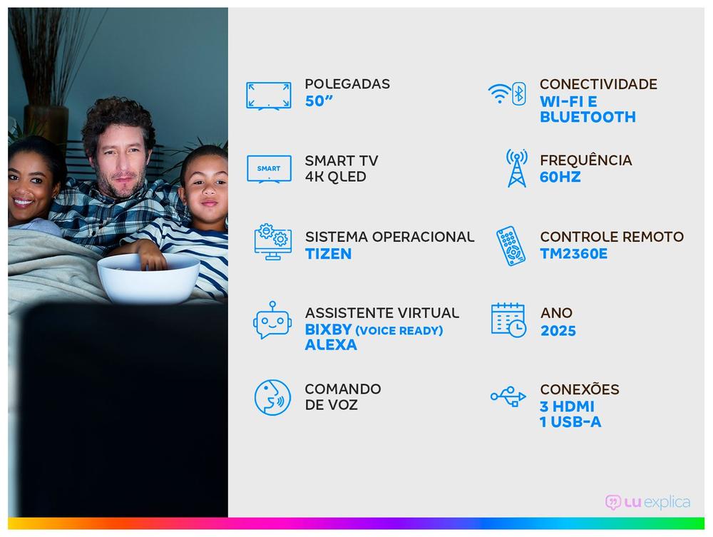 Smart TV 50" Samsung 4K QLED QN50Q7FAAGXZD Tizen Q4 AI 3 HDMI