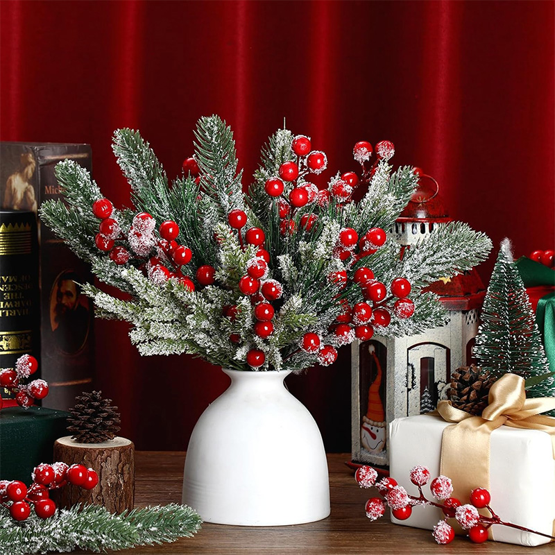 26/20cm Christmas Decor Artificial Pine Needle Branches Simulation Red Holly Berry for Xmas Wreath Decor Home Decor 2026 Navidad