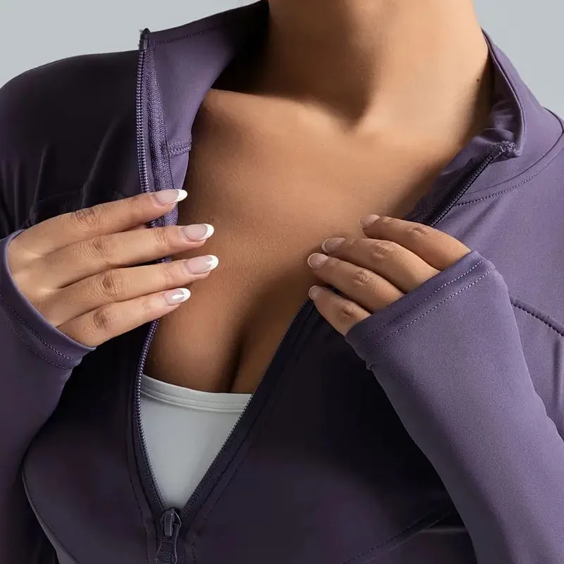 Damen-Laufjacke mit Reißverschluss, leichte, dehnbare Laufjacke mit Daumenlöchern, Stehkragen, atmungsaktive Yoga-Sportbekleidung