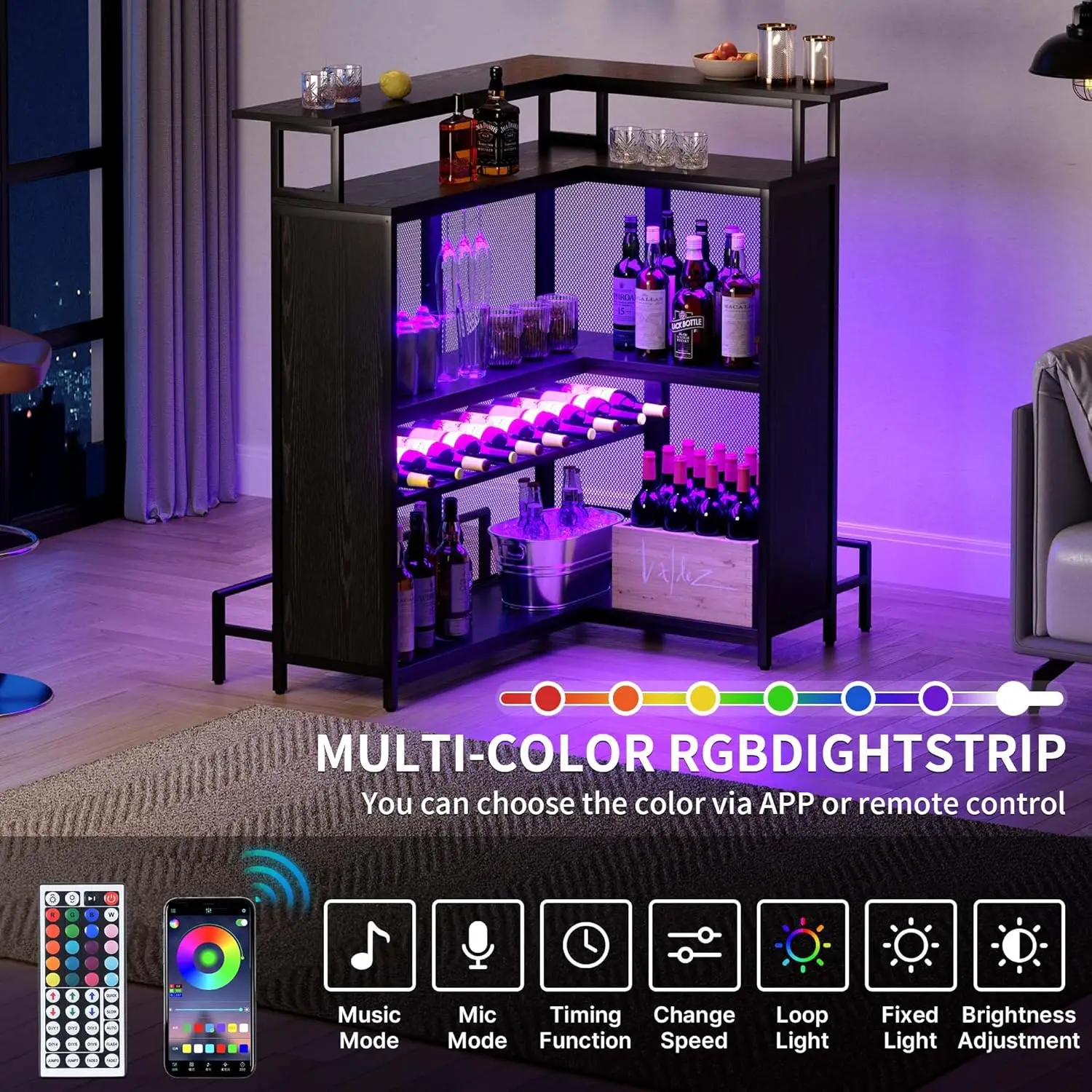 Shaped Mini Home Bar Unit for Living Room with Music Sensing LED Light, Tall Bars Furniture Table with Wine Rack