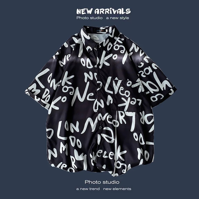 Camisa hawaiana de manga corta con estampado de dibujos animados para hombre, ropa informal holgada para la playa, moda urbana, Verano