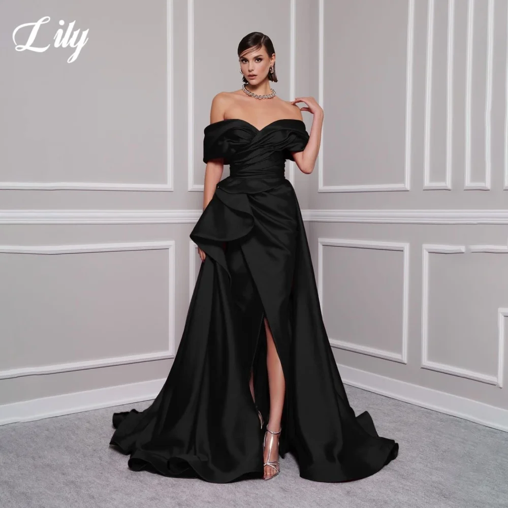 Lily Red Elegant ชุดราตรี V คอปิดไหล่ชุดผู้หญิงซาตินจีบด้านข้างแยกชุดราตรีที่กําหนดเอง