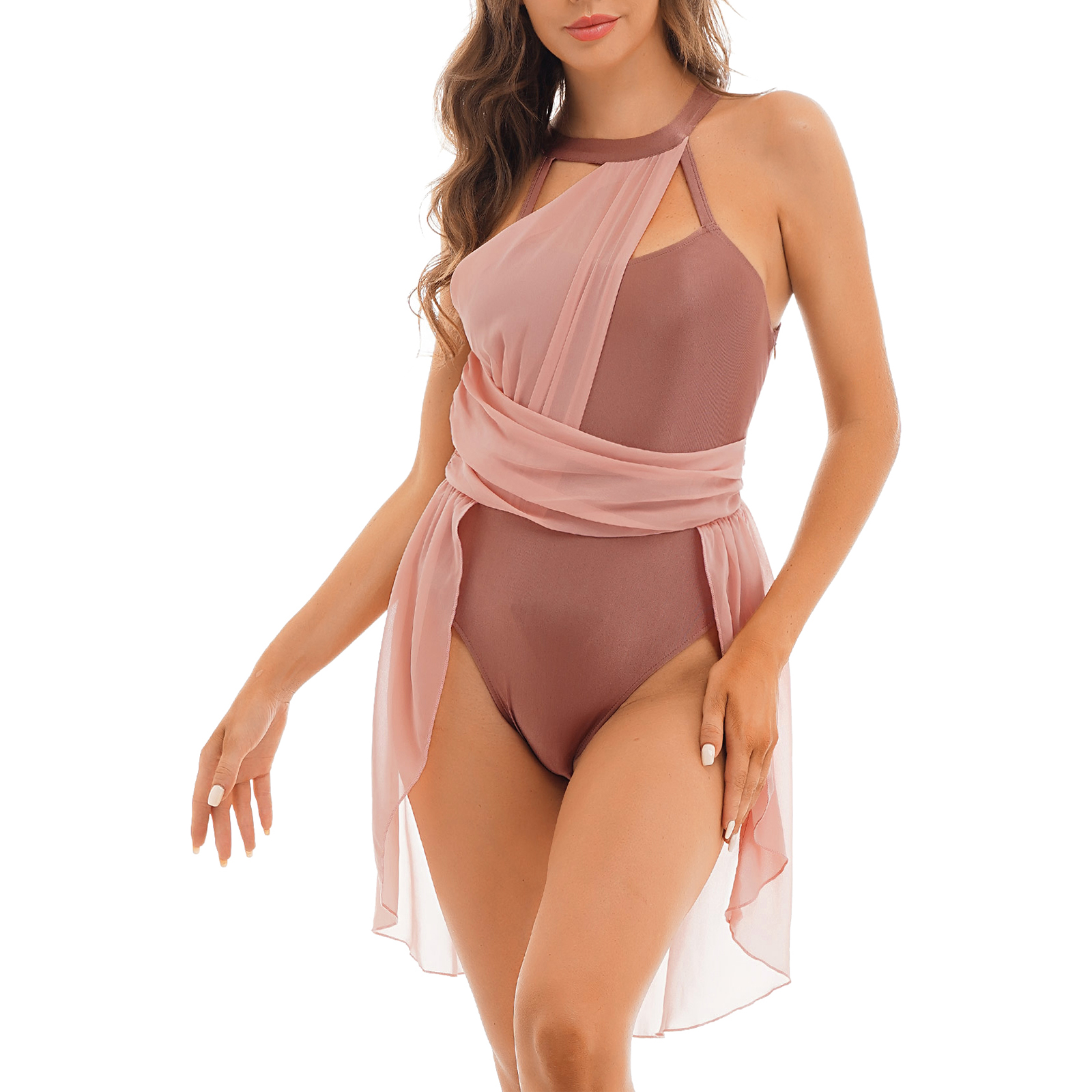 Ärmelloses, modernes, enges Overall-Kleid für Damen, Gymnastik, Ballett, lyrischer zeitgenössischer Tanz, fließendes Kleid, lyrisches Trikot-Kostüm