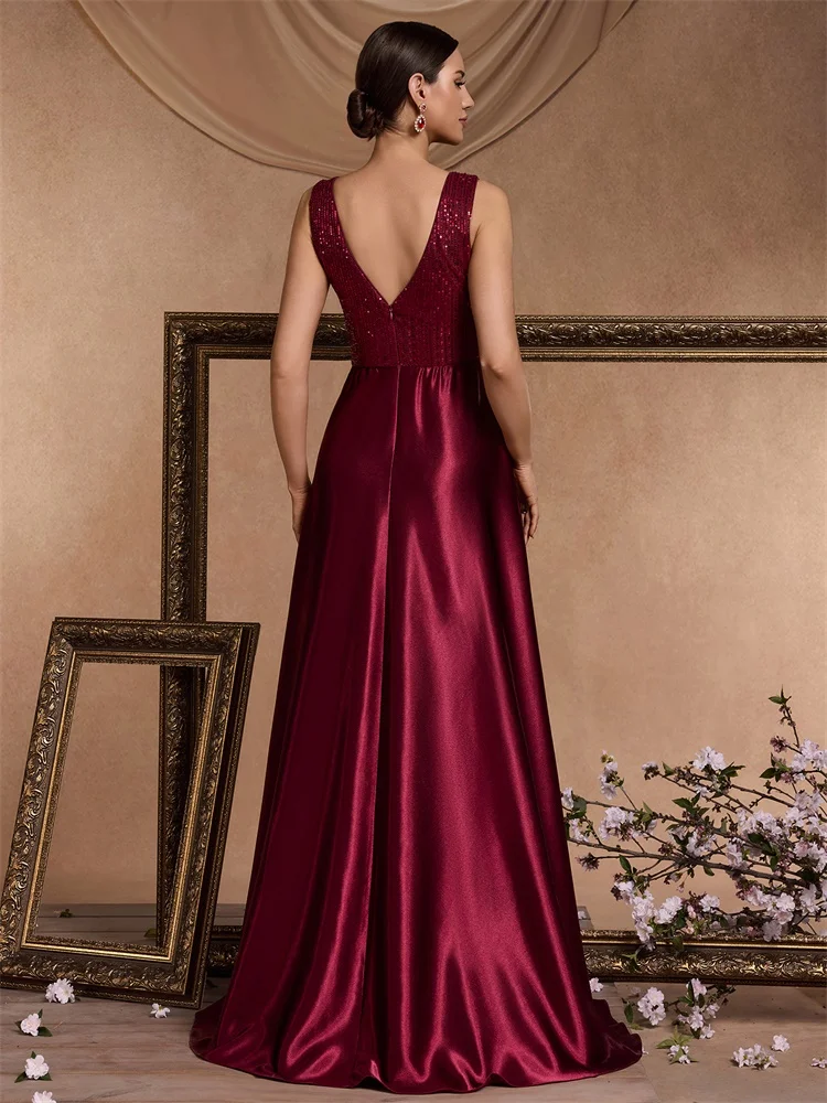 Lucyinlove Elegant Sequins ชุดราตรีสําหรับผู้หญิง 2024 ลึก V คอซาตินพรหมปาร์ตี้ชุดสีเขียวความยาวชั้นสีฟ้า Gowns อย่างเป็นทางการ