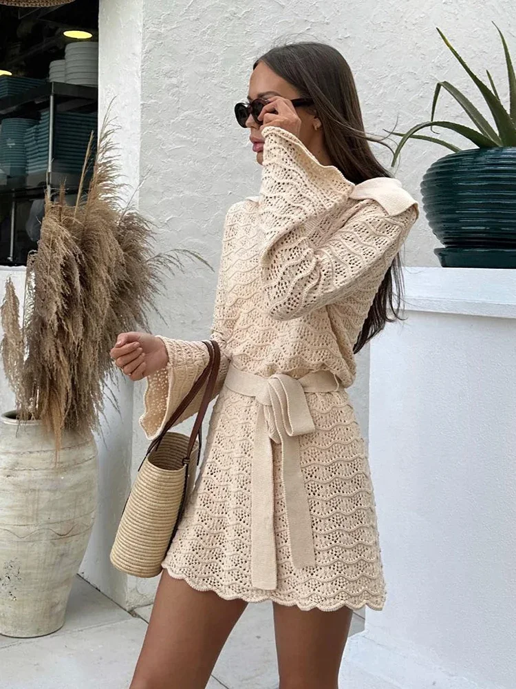 Sexy camisa com decote em v sino manga oco para fora de malha com cinto praia mini vestido 2024 verão maiô cobrir roupa casual feminina k16