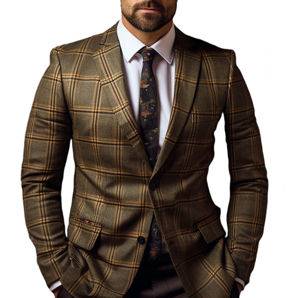 Terno masculino casaco formal estilo de negócios fino ajuste xadrez impressão manga longa único botão fechamento comprimento médio em linha reta cardigan trabalho coa