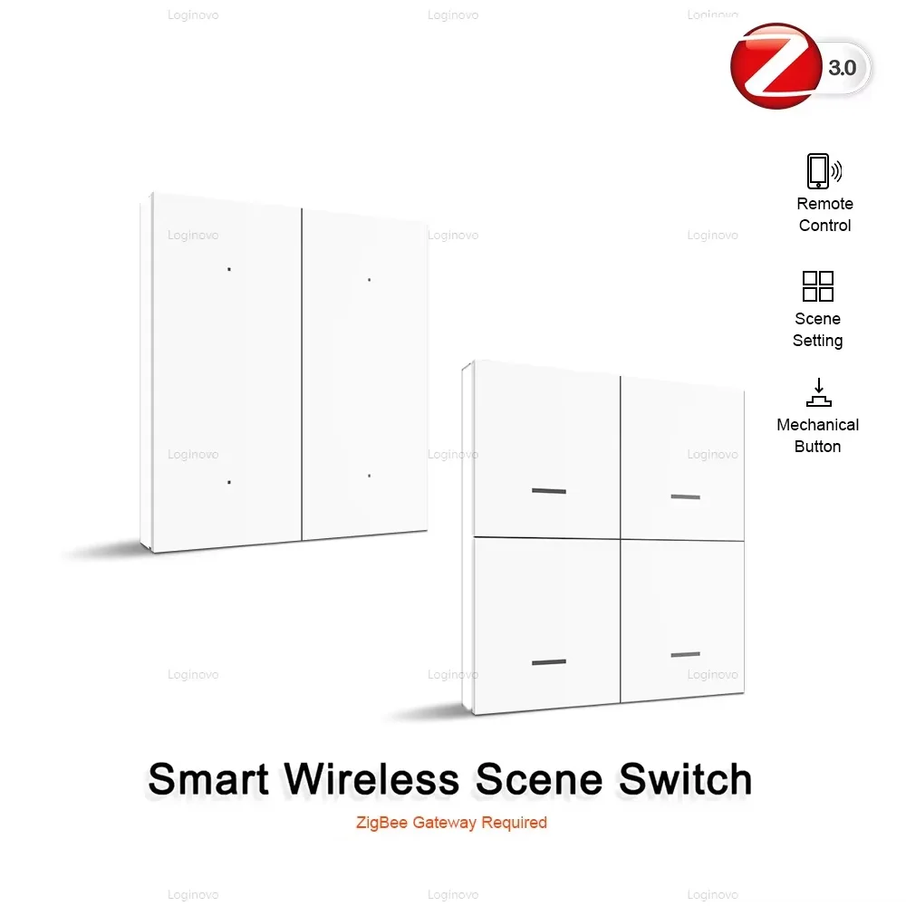 Zigbee สมาร์ทฉากปุ่มสวิทช์ 4 Gang ไร้สายสวิทช์ปุ่มกด Controller Smart Home Automation สถานการณ์สวิทช์