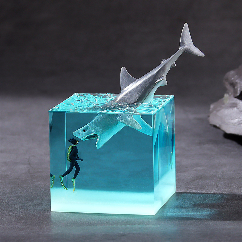 Lampe de Table LED Cube baleine marine 3D, décorations en résine, nouveauté requin plongeur océan Micro paysage, veilleuses de bureau, accessoires
