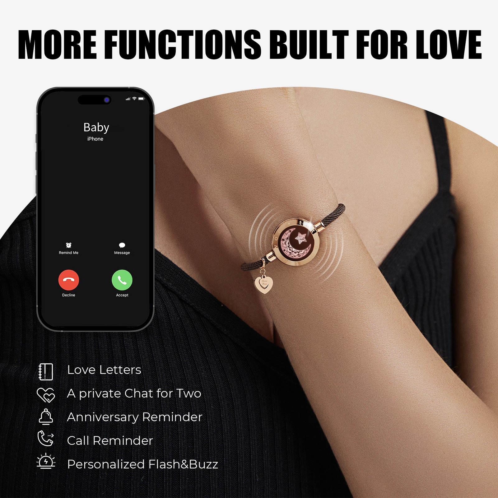 Totwoo Pulseras táctiles de larga distancia con luz y vibración para parejas, regalos de relación de larga distancia, pulsera inteligente de amor con sol y luna