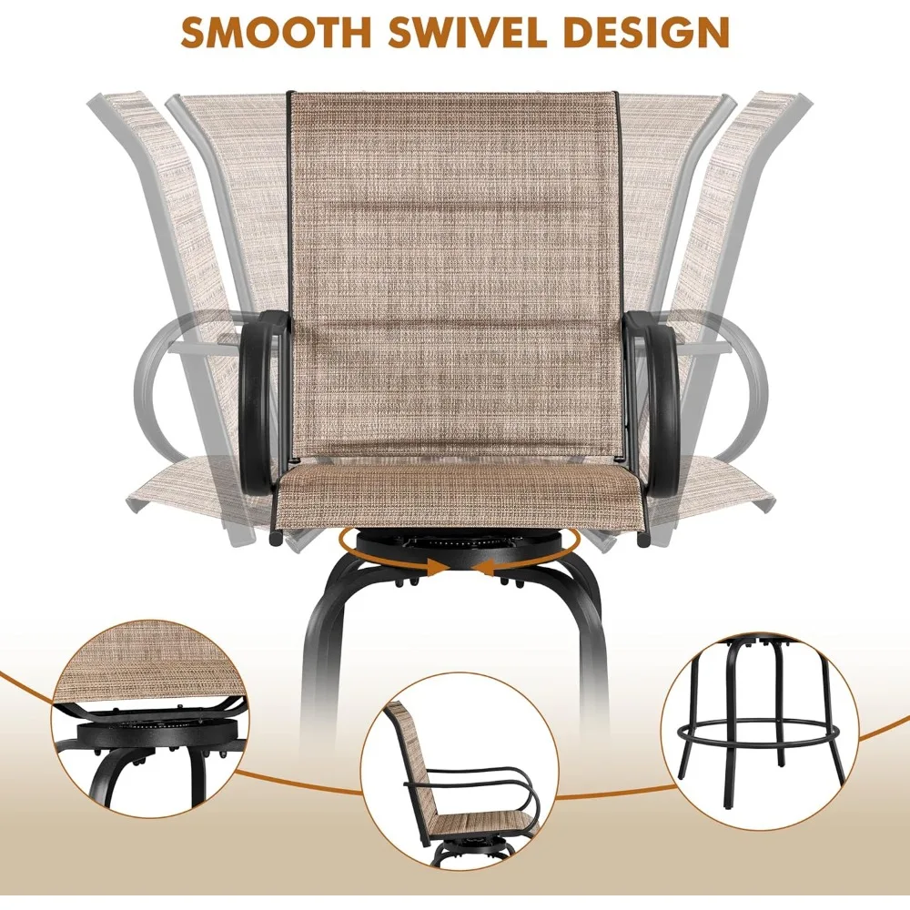 2 Piece Patio Swivel Bar Stools Texteline Bistro Chairs with High Back/Armrest/Footrest, All Weather Padded Seating Outdoor Fur