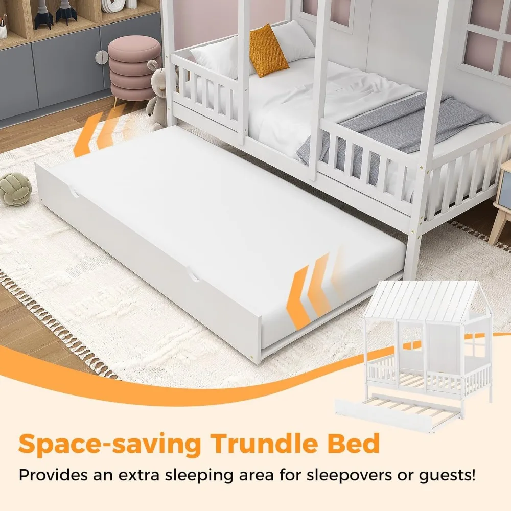 Twin Size House Bed with Trundle, Wood Kid’s House Bed Frame with Roof, Windows, Fence Rails, Beds Frame with Sturdy Beds Slats