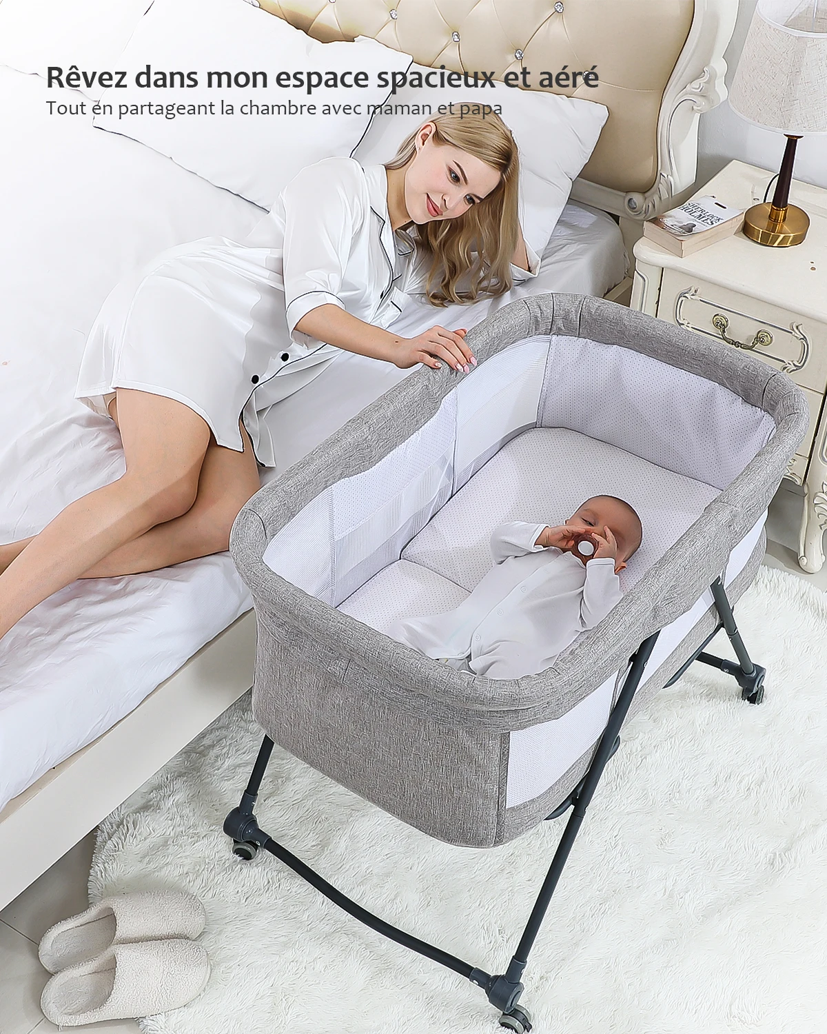 UUBRAVOO Lit de Voyage  bébé, Lit Bebe avec Matelas et silencieuses Roues  , Berceau à Bascule Transformable, XYT-001