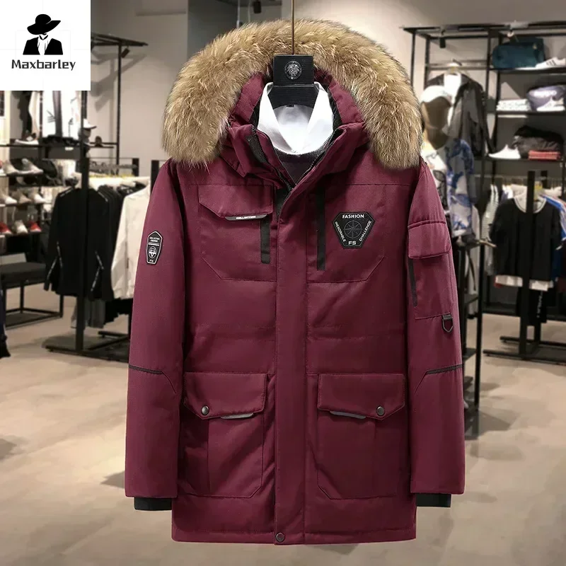 90% Biała kurtka puchowa męska zimowa 2024 Luksusowa niezwykle zimna kurtka puchowa z dużym futrzanym kołnierzem Ciepła parka Casual Outdoor Ski Długa kurtka puchowa
