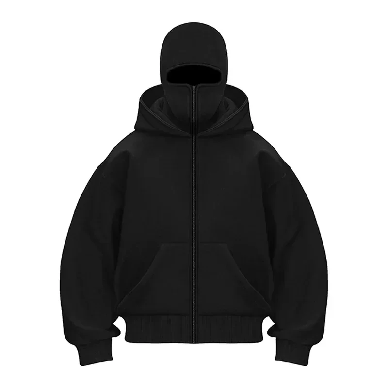 Balaclava masculina com capuz e zíper, moletom casual quente de inverno Y2K com máscara facial com capuz, design com zíper, jaqueta esportiva para atividades ao ar livre
