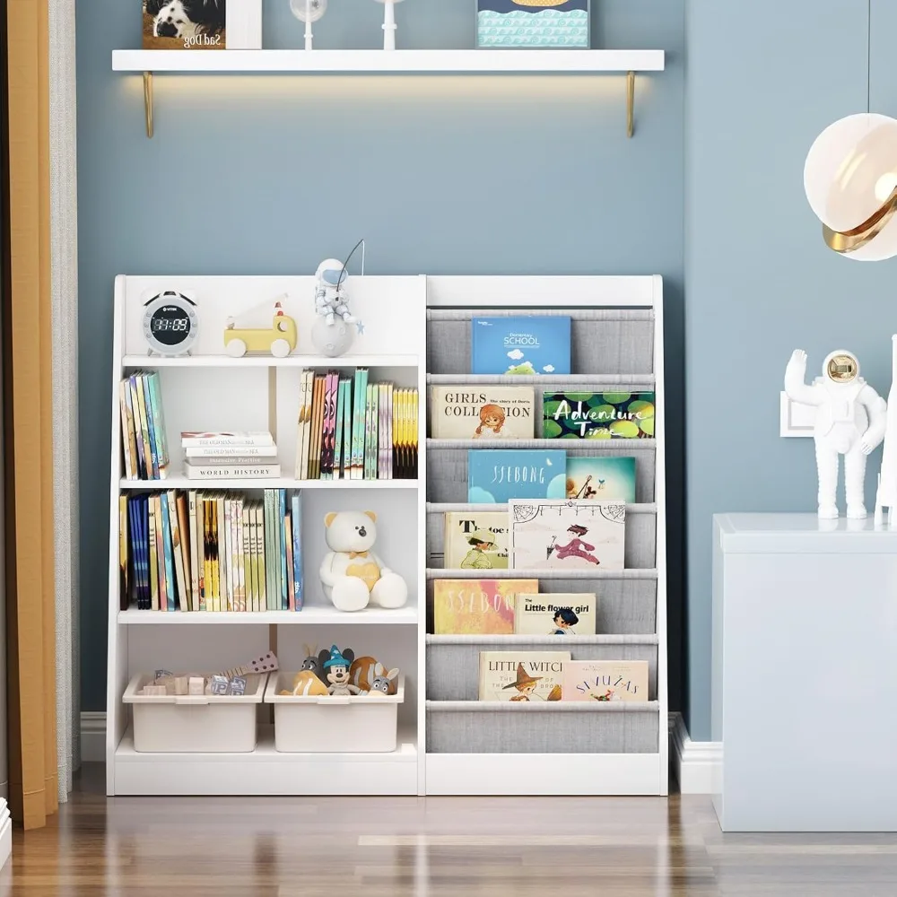"White Kids Bookshelf, Wooden Toy Storage Organizer Cabinet – Toddler-Friendly Bookcase with Sling Racks & Adjustable Shelves"