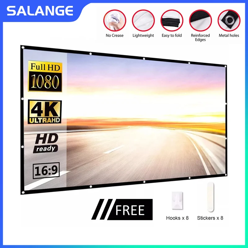 Экран проектора Salange, 60 100 120 дюймов, светоотражающий тканевый проекционный экран для проектора YG300 XGIMI DLP, светодиодный домашний кинотеатр