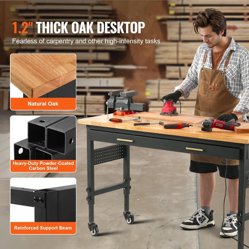VEVOR 60" Adjustable Workbench, 1500 lbs Load Capacity, Work Bench with Drawer Storage, Power Outlet, Wheels, and Pegboard