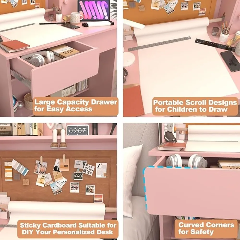 Kids Desk and Chair Set , Childrens Computer Desk with Drawers and Storage Shelf, Kids Study Table with Charging Station