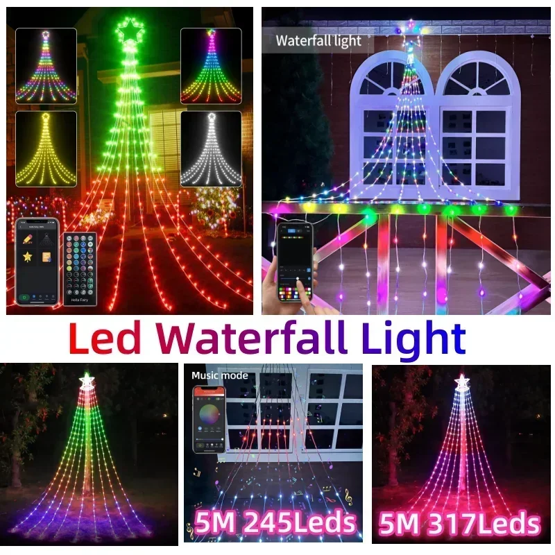5M X9pcs DIY Wasserfall Stern Topper Led Weihnachten Baum String Licht RGB IC Smart APP Steuerung Outdoor wasserfall Fee Licht String