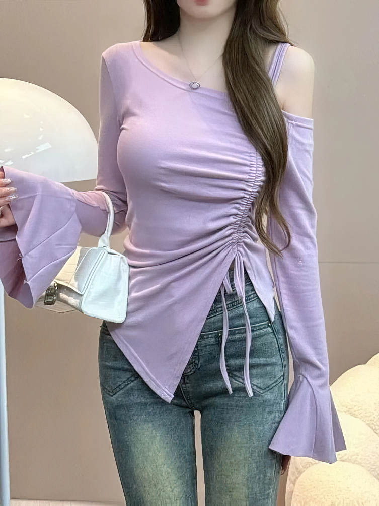甘いセクシーな巾着リボン白オフショルダートップ女性の基本的な長袖ボディ Tシャツエレガントなフレアスリーブレディ Tシャツ